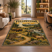 Yellowstone travel poster with bison and elk rug in a bright home office