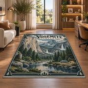 Yosemite Valley travel poster rug in a bright home office