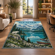Glacier National Park turquoise lake rug in a bright home office