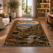 Smoky Mountains autumn cabin poster rug in a bright home office