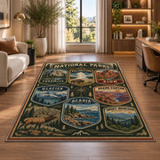 Vintage national parks badge collection rug in a bright home office