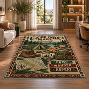 Explore More camping gear rug in a bright home office