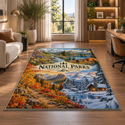 National parks through the seasons rug in a bright home office