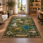 Illustrated Yellowstone park map rug in a bright home office