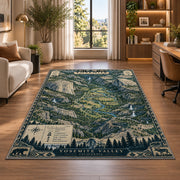 Illustrated Yosemite Valley map rug in a bright home office