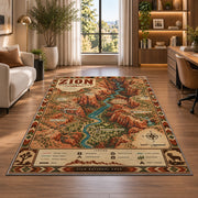 Illustrated Zion National Park map rug in a bright home office