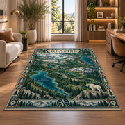 Illustrated Glacier National Park map rug in a bright home office