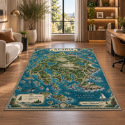 Illustrated Acadia coastal map rug in a bright home office
