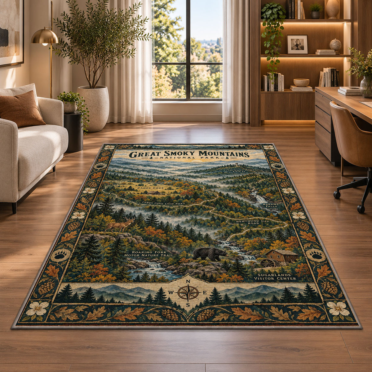 Illustrated Great Smoky Mountains map rug in a bright home office