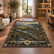 Illustrated Great Smoky Mountains map rug in a bright home office
