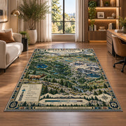 Illustrated Rocky Mountain park map rug in a bright home office
