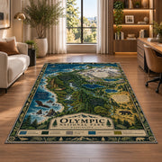 Illustrated Olympic National Park map rug in a bright home office