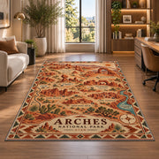 Illustrated Arches National Park map rug in a bright home office