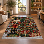 Nutcracker and Christmas Tree Rug in a living room with a desk and large windows