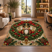 Nutcracker Wreath Christmas Rug in a living room with a desk and large windows