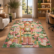 Pastel Pink Nutcracker Rug in a living room with a desk and large windows