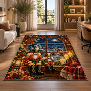 Nutcracker Window Christmas Rug in a living room with a desk and large windows