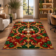 Nutcracker Crest Christmas Rug in a living room with a desk and large windows