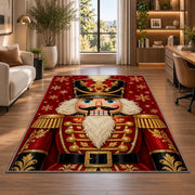 Nutcracker Portrait Christmas Rug in a living room with a desk and large windows