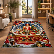 Nutcracker Snow Globe Rug in a living room with a desk and large windows