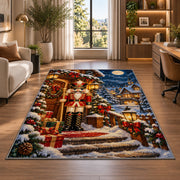 Nutcracker Snowy Cabin Rug in a living room with a desk and large windows