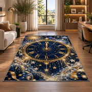 Midnight clock fireworks rug in a living room with a desk and large windows