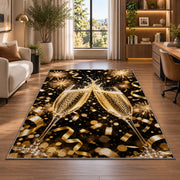 Champagne toast rug in a living room with a desk and large windows