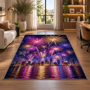 City skyline fireworks rug in a living room with a desk and large windows
