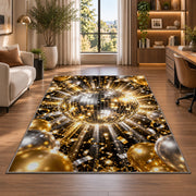 Disco ball and balloons rug in a living room with a desk and large windows