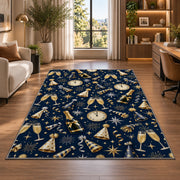 New Year party pattern rug in a living room with a desk and large windows