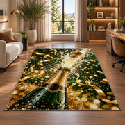Champagne bottle pop rug in a living room with a desk and large windows
