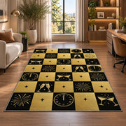 Black and gold checkered New Year rug in a living room with a desk and large windows