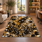 Gold and black balloons rug in a living room with a desk and large windows