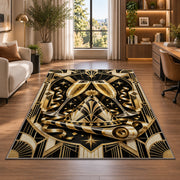 Art deco champagne toast rug in a living room with a desk and large windows