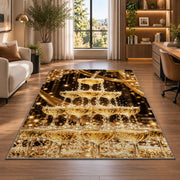 Champagne tower rug in a living room with a desk and large windows