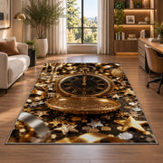 Vintage pocket watch at midnight rug in a living room with a desk and large windows