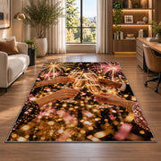 Champagne cheers rug in a living room with a desk and large windows