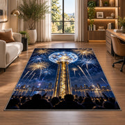 Crystal ball drop rug in a living room with a desk and large windows