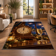 Mantel clock at midnight rug in a living room with a desk and large windows