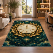 Gold laurel midnight clock rug in a living room with a desk and large windows