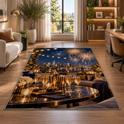 Rooftop party fireworks rug in a living room with a desk and large windows