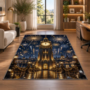 Clock tower midnight fireworks rug in a living room with a desk and large windows