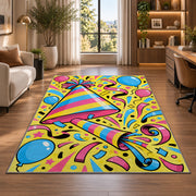 Party hat and noisemaker rug in a living room with a desk and large windows