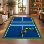 Pickleball Court Rug in a living room with a desk and large windows