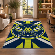 Crossed Pickleball Paddles Rug in a living room with a desk and large windows