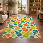 Pickleball Pattern Rug in a living room with a desk and large windows