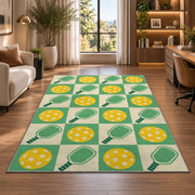 Retro Checkered Pickleball Rug in a living room with a desk and large windows
