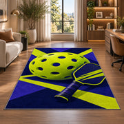 Giant Pickleball Rug in a living room with a desk and large windows
