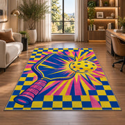 Pop Art Pickleball Rug in a living room with a desk and large windows