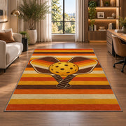 Retro Stripe Pickleball Rug in a living room with a desk and large windows